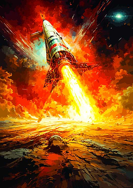Rocket Launching into Fiery Sky