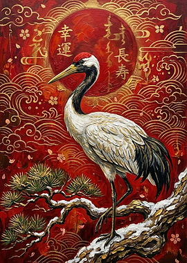 Red-crowned Crane on Snowy Branch