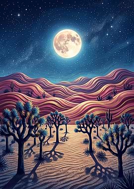 Desert Night Landscape with Moon