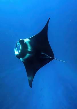 Manta Ray Swimming in Blue Water