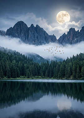 Moonlit Mountain Lake with Birds