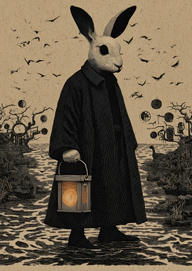 Bunny Man with Lantern in Eerie Landscape