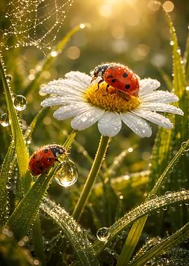 Ladybugs on a Daisy in Morning Dew