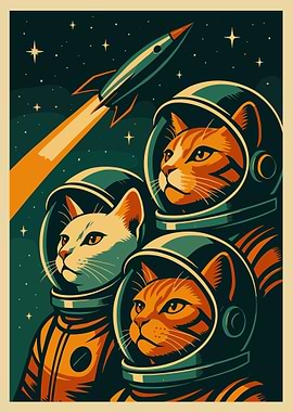 Astronaut Cat Poster, Retro Space Cat Wall Art, Vintage Rocket Adventure Print