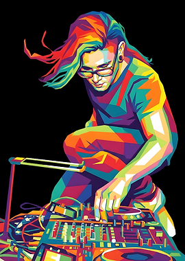 DJ mixing music with colorful art style