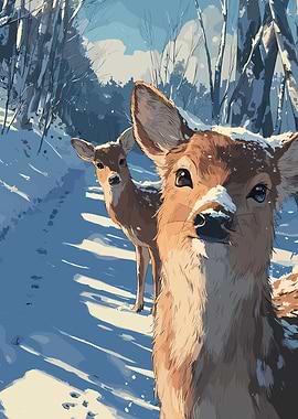 Two deer in a snowy forest