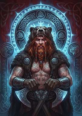 Viking Warrior with Bear Headdress and Axes