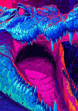 Aggressive Neon Crocodile Roar Cyberpunk Art