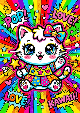 Kawaii Cat with Pop Art Background