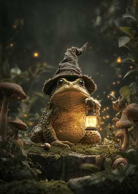 Wizard Frog with Lantern in Forest