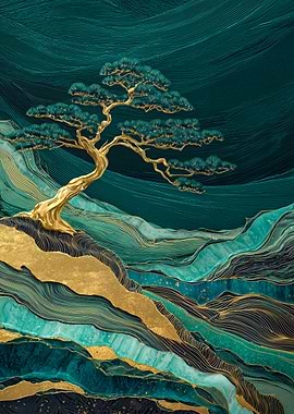 Golden Pine Tree on Teal Waves