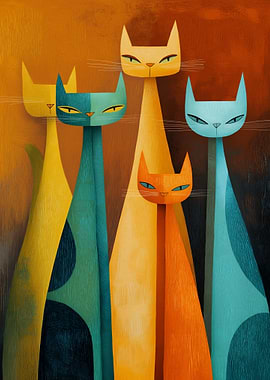 Five Stylized Cats in Warm Tones
