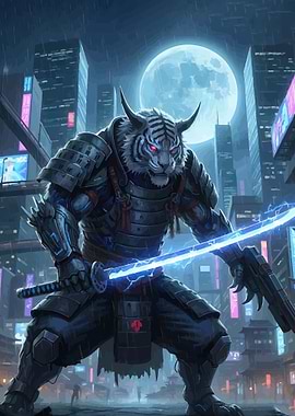 Cyberpunk Tiger Samurai with Electric Katana