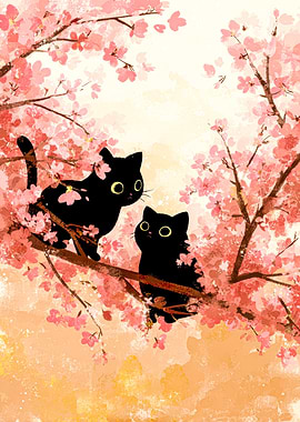 Two black cats in cherry blossoms