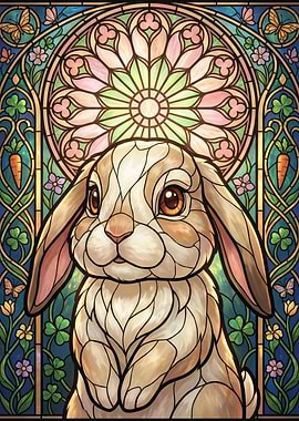 Stained Glass Bunny with Floral Border