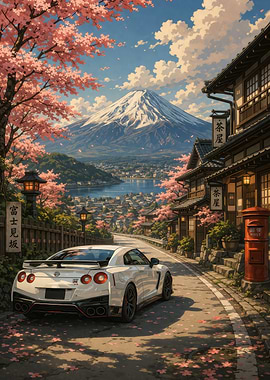 White Nissan GT-R with Mount Fuji View