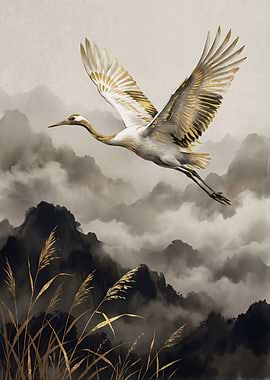 Golden Crane Flying Over Misty Mountains