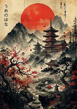 Japanese Pagoda Landscape with Cherry Blossoms
