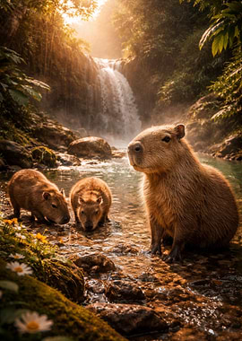Capybaras by a Waterfall