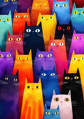 A Crowd of Colorful Cartoon Cats