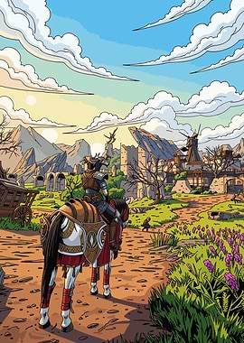 Fantasy Warrior on Horseback Approaching Village