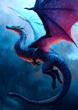 Blue Dragon Flying In Rain