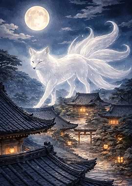 Mythical Fox Over Japanese Village