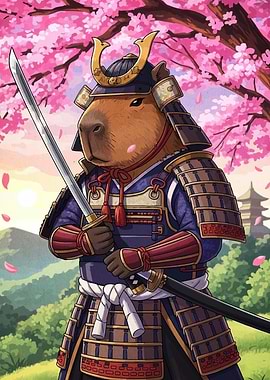 Capybara Samurai Under Cherry Blossoms