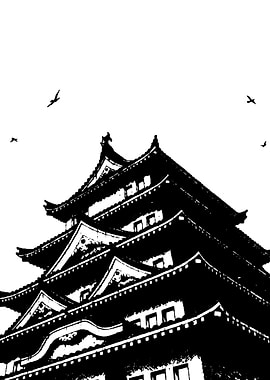 Black and White Japanese Castle with Birds