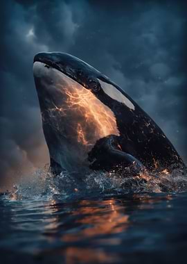 Orca Emerging from Fiery Ocean