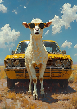 Goat Wearing Sunglasses in Front of a Car