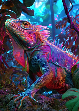 Vibrant Iguana in Neon Jungle