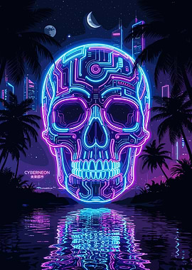 Cyberpunk Neon Skull Cityscape