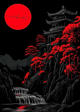 Japanese Pagoda with Red Trees and Waterfall