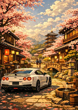 White Nissan GT-R in Japanese Cherry Blossom Town