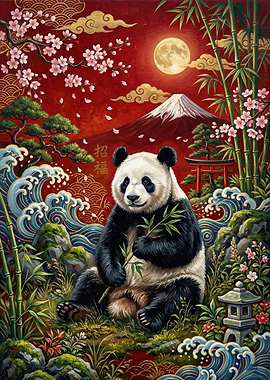 Panda with Mount Fuji and Cherry Blossoms
