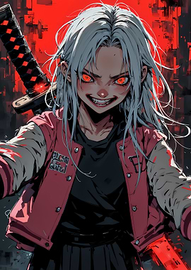 Anime Girl with Katana and Red Eyes