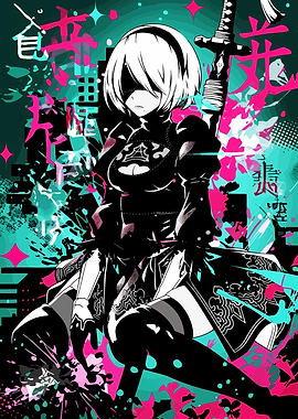2B with Japanese Text and Splatter Art