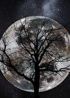 Silhouette Tree Against Moon and Stars