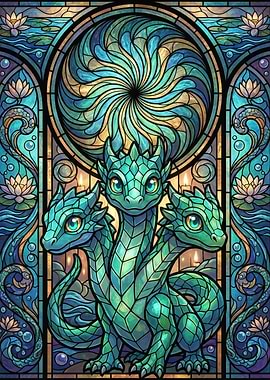 Stained Glass Dragon with Water Lilies