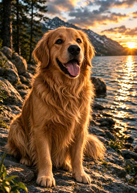 Golden Retriever by a Lake at Sunset