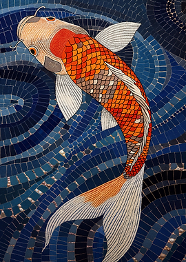Koi Fish Mosaic in Blue Water