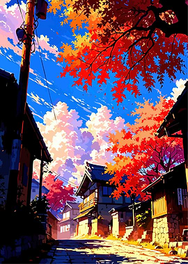 Autumn Street Scene in Japan