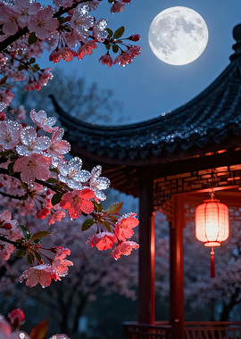 Moonlit Cherry Blossoms and Pagoda