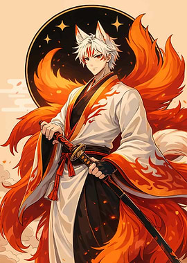 Anime Kitsune Warrior with Fiery Tails