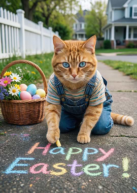 Cat drawing Happy Easter with chalk