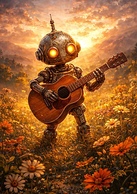 Robot playing guitar in a field
