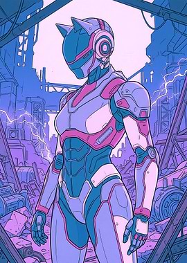 Cyberpunk Cat-Eared Robot in Ruins