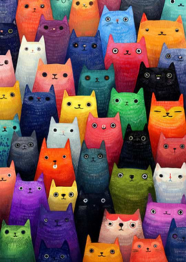 A Crowd of Colorful Cartoon Cats