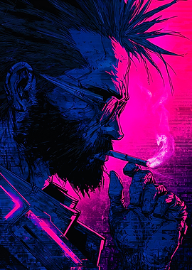 Cyberpunk Bearded Man Smoking Neon Art